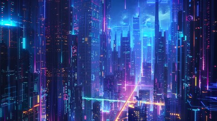 Futuristic city skyline at night illuminated by neon lights with towering skyscrapers and vibrant colors
