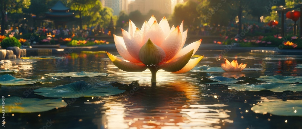 Poster Lotus Flower Urban Oasis Buddhism, Hinduism Religion Spiritual Symbol - Generative AI