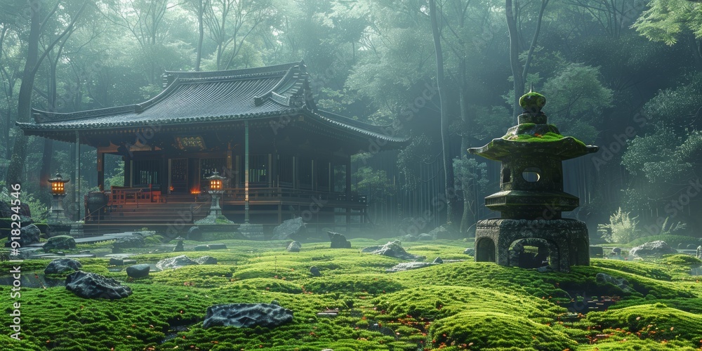 Wall mural Japanese Temple Surrounded by Fog and Moss