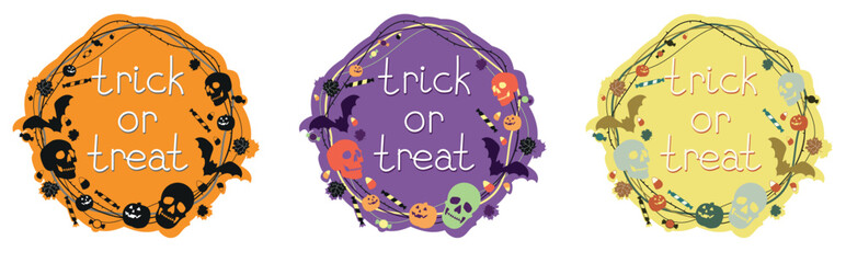 Decorative lettering trick or treat for Halloween
with skulls, sweets and pumpkins
