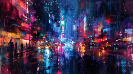 Obraz premium Vibrant city streets at night showcasing colorful lights and bustling activity