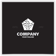 white colored plant silhouette in pentagon logo design vector template