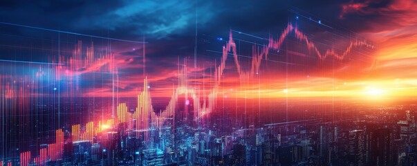 A stunning digital rendering of a stock market analysis with graphical charts against a vibrant sunset cityscape background.