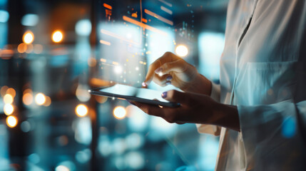 Close-up of the hands of an experienced investor analyzing financial charts on a digital tablet against the backdrop of a modern office. Concept of growth, decline, cryptocurrency.
