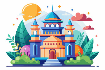 Colorful Illustration of a Mosque with a Sun and Clouds