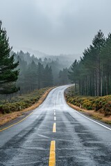 Fototapeta premium A winding road through a misty forest landscape, evoking a sense of adventure and tranquility.