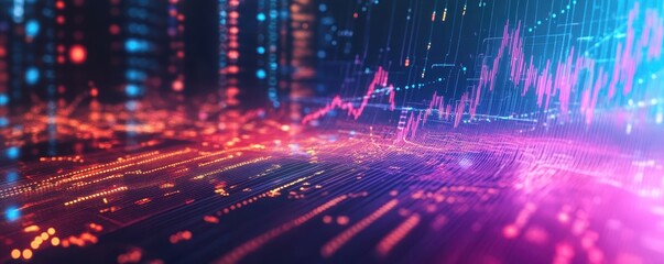 Obraz premium Abstract digital background showcasing data representation with vibrant neon colors and dynamic lines symbolizing technology and analytics.
