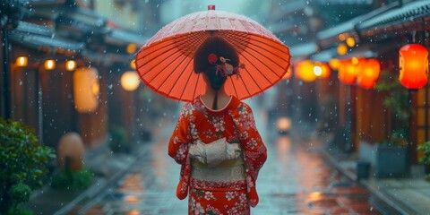 Naklejka premium Woman in Kimono Walking Through a Rainy Japanese Street
