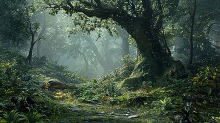 A Misty Forest Path with Lush Greenery