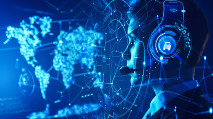Fototapeta premium A computer generated image of a man wearing a headset and looking at a map. Concept of technology and communication.