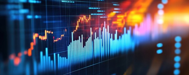 Abstract financial graph with rising, falling bars and lines on a glowing background representing stock market data analysis or trading.