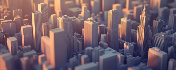 Obraz premium Aerial view of a city's modern skyscrapers and buildings illuminated by golden sunlight, creating a beautiful urban landscape at sunrise.