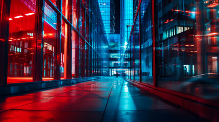 Fototapeta premium Bright neon lighting in a narrow corridor between glass buildings. Blue and red neon light outdoors. Style and interior concept.