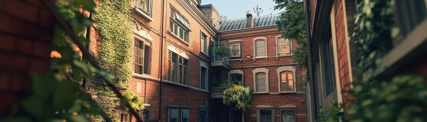 Charming urban courtyard surrounded by historic brick buildings with green vines and warm sunlight.