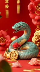 Obraz premium Chinese Zodiac Snake in 3D Illustration Embraced by Floral and Chinese Style Elements, a Minimalist Design in Gold Foil Style with Red Gradient for a Clean Background and Festive Chinese New Year Vibe