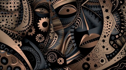 Fototapeta premium Abstract geometric artwork featuring intricate patterns and a blend of dark and metallic colors