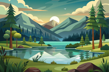 Tranquil Mountain Lake Scene with Lush Greenery and a Clear Sky