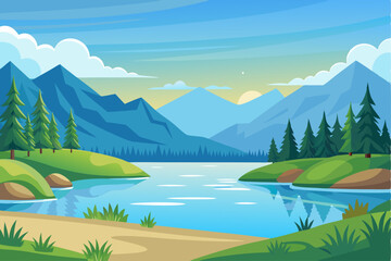 Scenic Mountain Lake with Pine Trees and Blue Sky