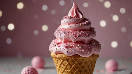 Close-up of a pink ice cream cone with a swirl of soft-serve ice cream topped with colorful sprinkles. The ice cream is placed in a waffle cone, and the background is a soft pink 