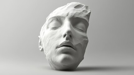 Close-up of a sculptural face in white marble with smooth and cracked textures, conveying an artistic and surreal expression.