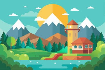 A Flat Design Illustration of a Mountain Landscape with a House and a Lake