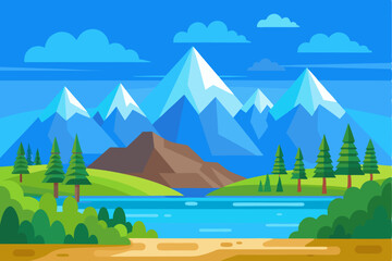 Flat Cartoon Illustration of a Mountainous Landscape with a Lake and Forest