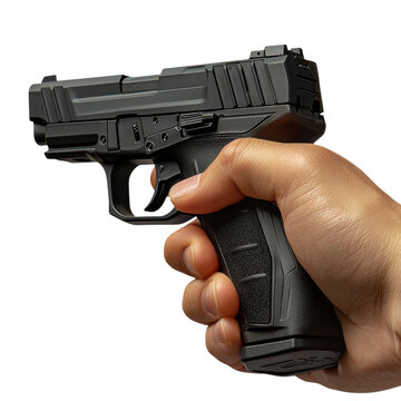 recommend clip art: Hand gripping a black tactical pistol on a transparent background clipart isolate