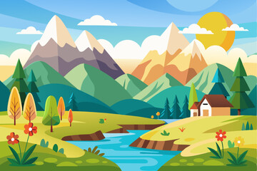 Obraz premium A Sunny Day in a Mountain Valley with a Winding River and a Small Cabin