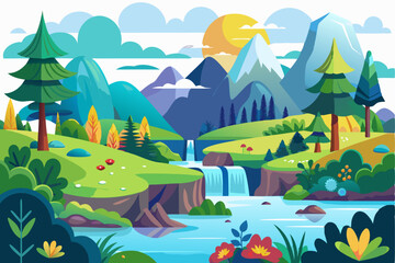 Fototapeta premium Lush Mountain Landscape with Waterfall and River