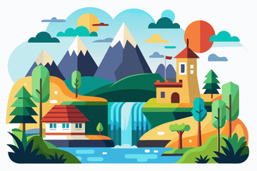 Illustrated Landscape with a Waterfall, Castle, and Cottage