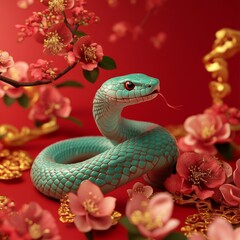 Fototapeta premium Chinese Zodiac Snake in 3D Illustration Embraced by Floral and Chinese Style Elements, a Minimalist Design in Gold Foil Style with Red Gradient for a Clean Background and Festive Chinese New Year Vibe
