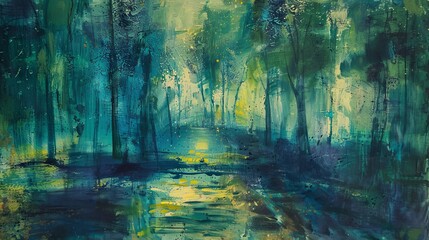 Fototapeta premium Tranquil forest pathway with vibrant green foliage and a shimmering water reflection during daylight