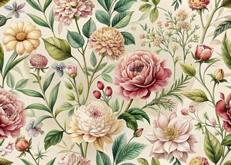 Delicate, hyper-realistic vintage botanical illustrations of flowers and leaves in soft, muted hues form a seamless repeating pattern on a gentle, creamy background.