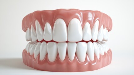 Obraz premium An artistic 3D representation of a full set of teeth in a wide smile, positioned in a minimalistic, white setting. The focus is on the perfect alignment and bright appearance of the teeth,