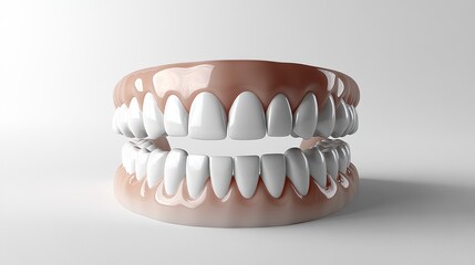 Obraz premium An artistic 3D representation of a full set of teeth in a wide smile, positioned in a minimalistic, white setting. The focus is on the perfect alignment and bright appearance of the teeth,