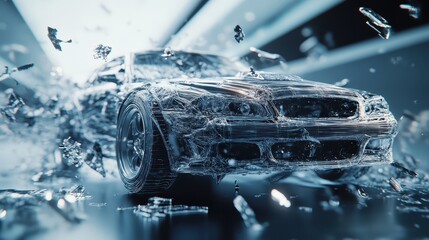 Dynamic motion blur car driving through shattered glass effect, symbolizing speed, power, and futuristic technology on a dark background.