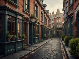 Naklejka premium Art artistic depiction of a small tranquil Victorian street. Each facade with intricate details stories of a bygone era. AI generated.