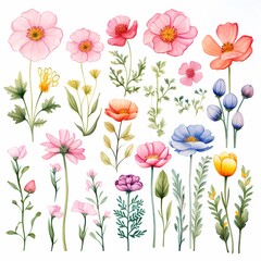Beautifully detailed watercolor flowers in a range of colors and styles showcasing botanical elegance.
