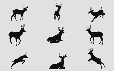 Black silhouettes of deer with antlers. 9 pieces. Vector on a gray background