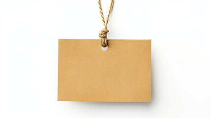 A large brown tag with natural jute rope is isolated on a white background.