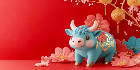 Fototapeta premium Chinese Zodiac Lively Blue Ox in 3D Art: A Minimalist Chinese-Inspired Design with Floral Elements, Gold Foil Style, and Red Gradient for a Festive Chinese New Year Celebration