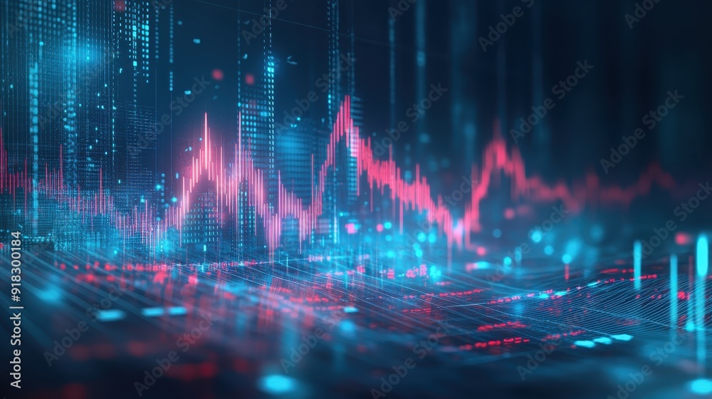 Poster futuristic digital stock market graph with glowing data points and financial analytics in a virtual 