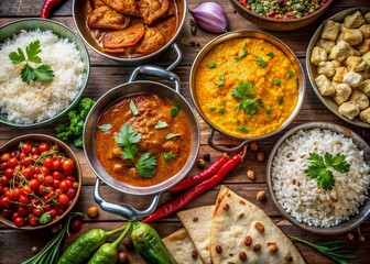 Vibrant Indian curry set with basmati rice, naan bread, and assortment of spices, garnished with fresh cilantro, presented in a decorative, artistic arrangement.