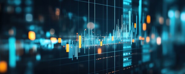 Futuristic financial graph with glowing data points, showcasing analytics and market trends in a dynamic technology environment.
