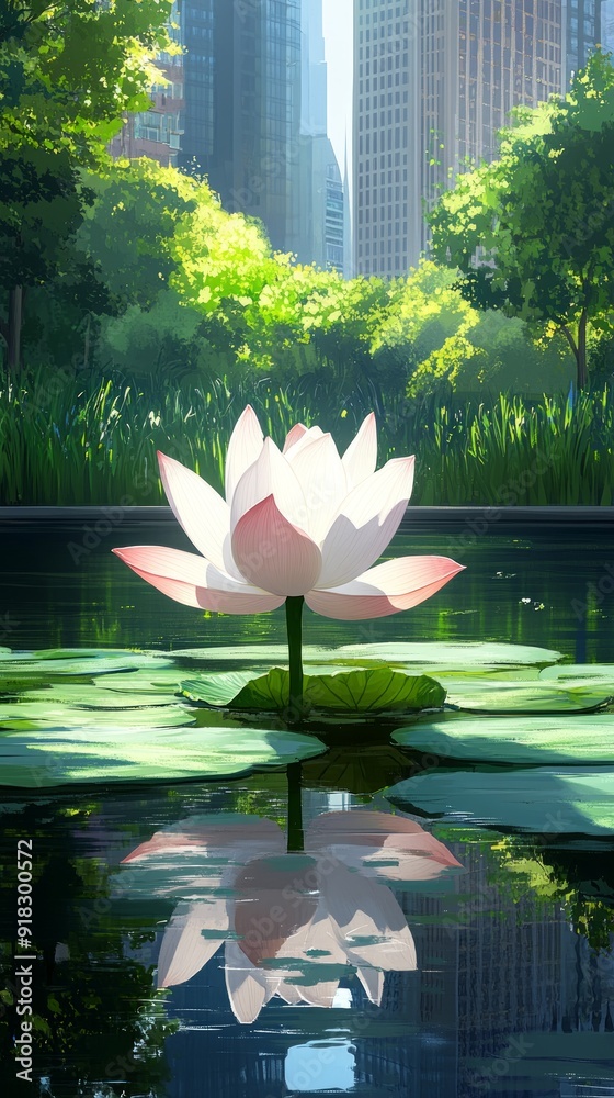 Poster Lotus Flower Urban Oasis Buddhism, Hinduism Religion Spiritual Symbol - Generative AI