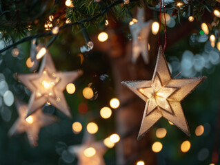 Illuminated Star Ornaments Hanging on a Christmas Tree