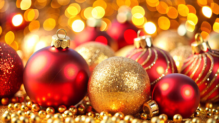 Red and Gold Christmas Ornaments with Sparkling Background