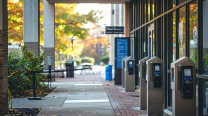 University campus with Covid-19 safety signs and hand sanitizer stations.