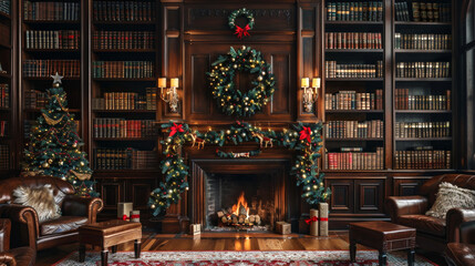 Cozy luxurious holiday library with Christmas decorations including festive tree wreath garland fireplace. Concept of Christmas decor, winter interior, festive atmosphere, holiday cheer