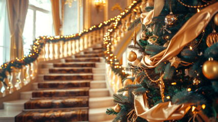 Fototapeta premium Grand mansion with an opulent staircase, lavishly decorated for Christmas with a magnificent tree adorned in gold and elegant garlands. Concept of festive luxury, elegance, and grandeur